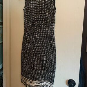 Sleeveless Tweed Sheath Dress with Fringed Asymmetrical Hem